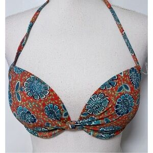 Aerie • Red Blue Floral Pattern Bikini Halter Top
